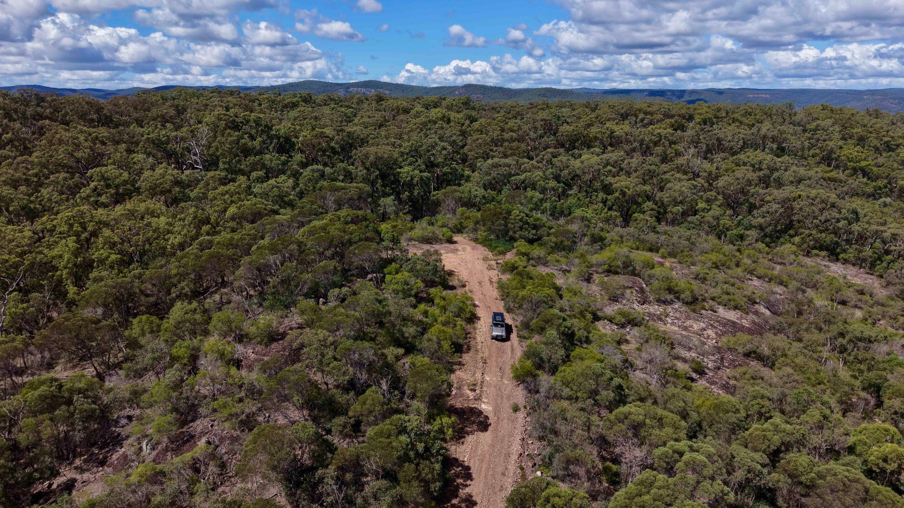 Aerial view of a dirt road winding through a dense forest with two SUVs traveling along it under a blue, cloudy sky, hills in the distance.