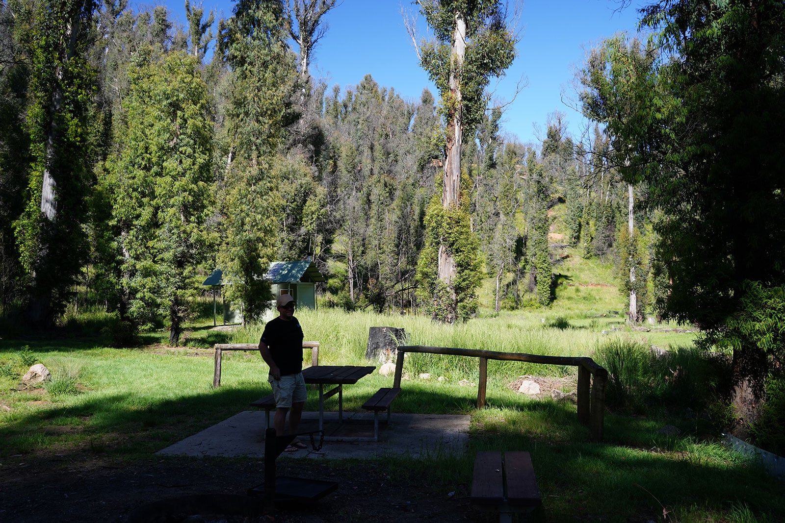 Man in a black shirt and light shorts stands beside a wooden picnic table in a sunny forest clearing.