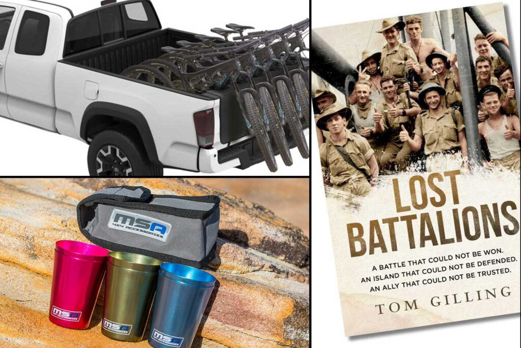 New 4x4 Gear Yakima tailgate pad MSA 4x4 travel cup Lost Battalions book