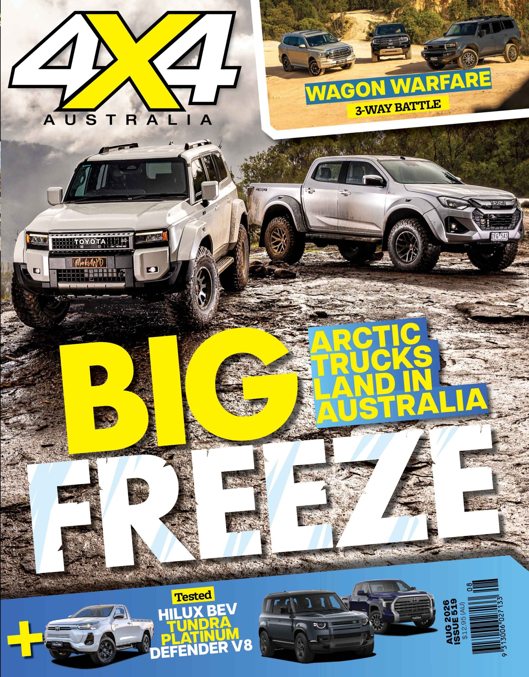 Promotional magazine cover showing two off‑road pickup trucks on a muddy ground with a large yellow 'BIG' headline and blue text about Arctic trucks in Australia