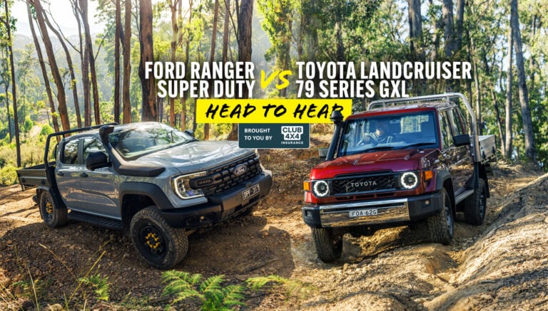 Two off-road pickup trucks (Ford Ranger and Toyota Land Cruiser) in a forest, with a bold 'Head to Head' banner above them.