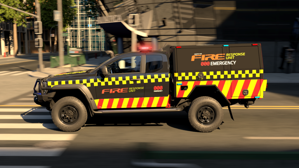 Emergency fire service vehicle with bold yellow-and-black chevron livery and red emergency lights driving through a city street, side text reads 'FIRE' and 'RESPONSE UNIT'