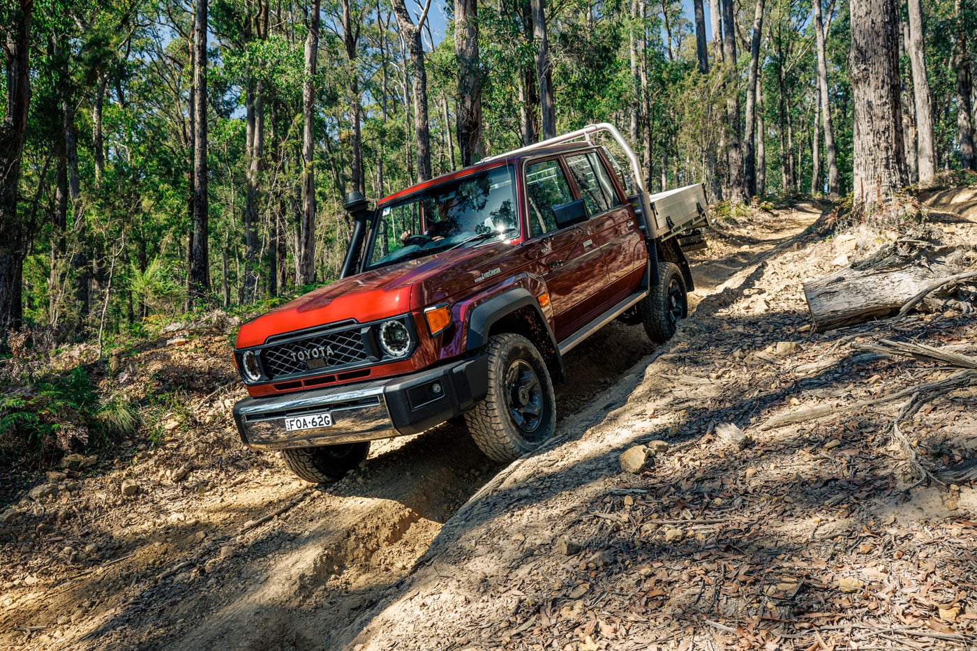 Red Toyota 4x4 climbing a rocky dirt trail through a dense forest of trees and exposed roots armor on the front.
