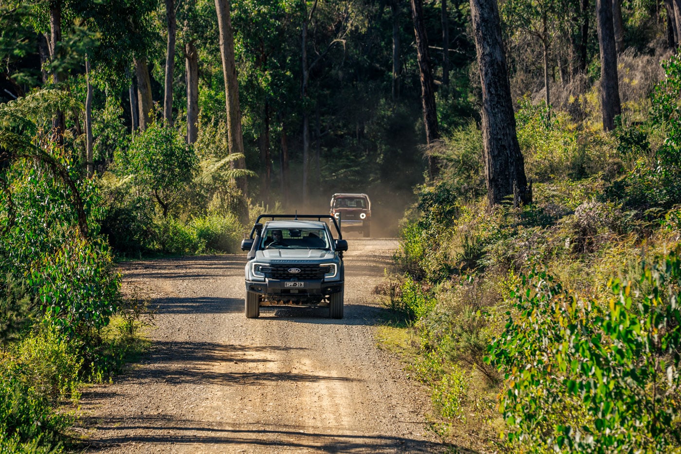 Two off-road pickup trucks driving along a dusty forest dirt road surrounded by trees.