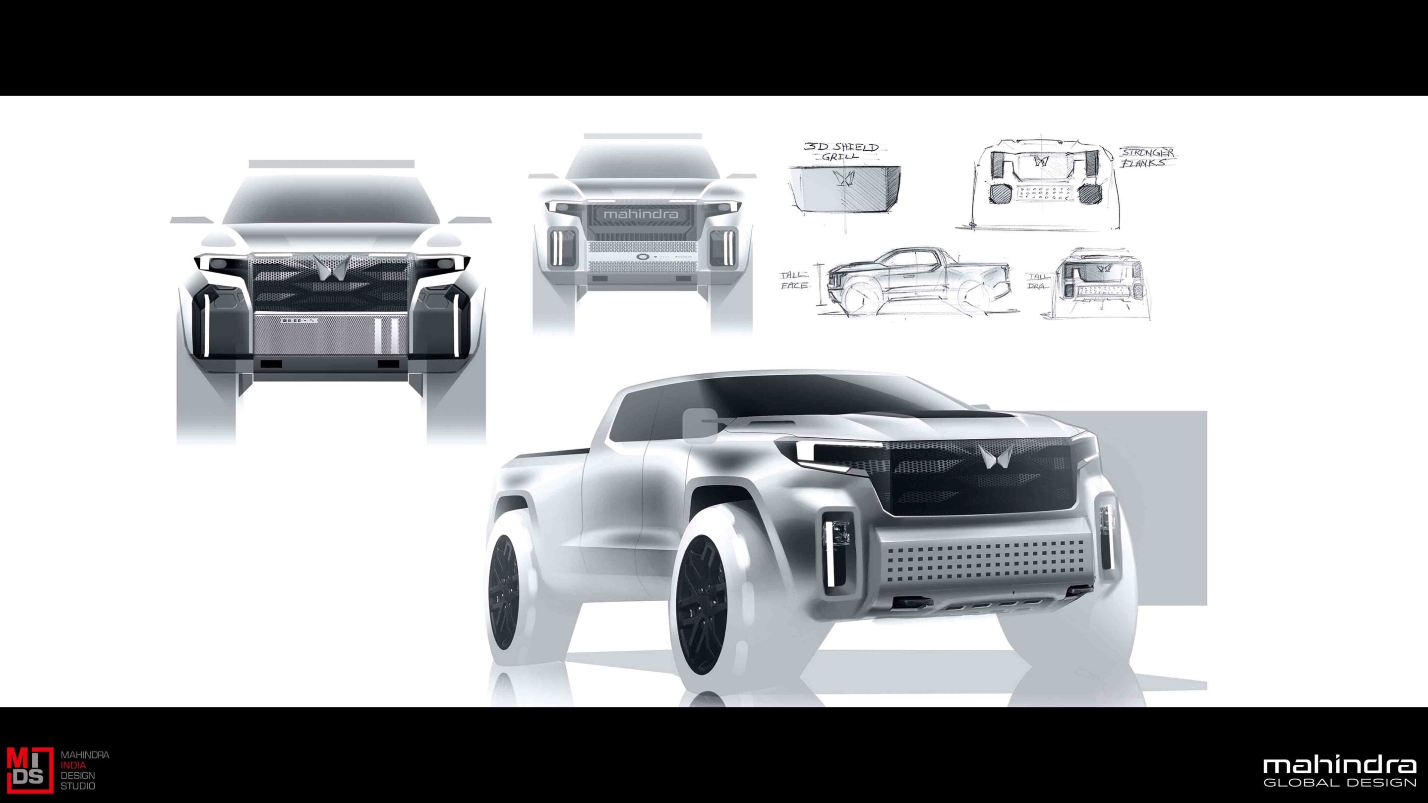 Concept truck design boards and renders showing a bold, futuristic pickup with a large grille.