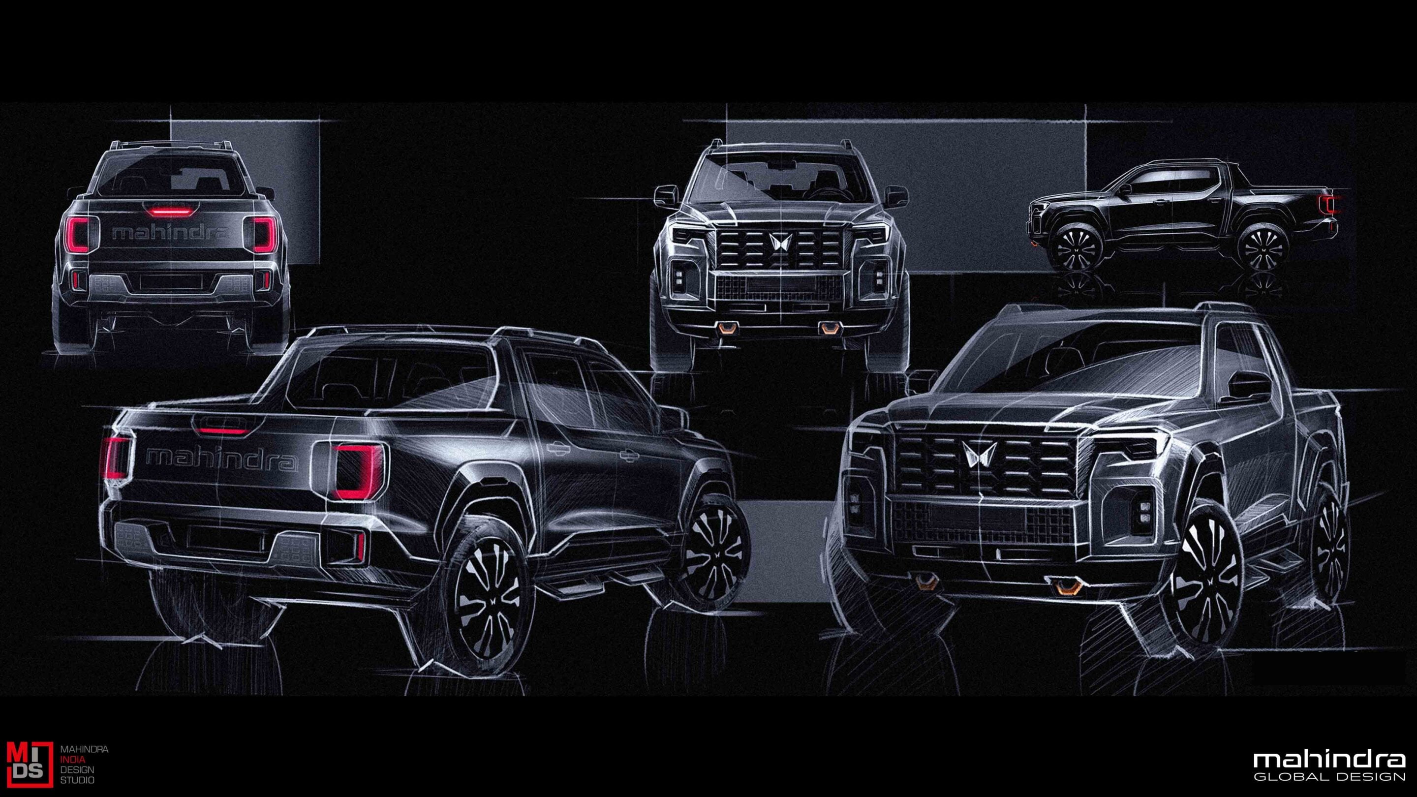Blueprint-style sketches of multiple Mahindra pickup trucks and SUVs, shown in front, rear, and side views against a dark background.