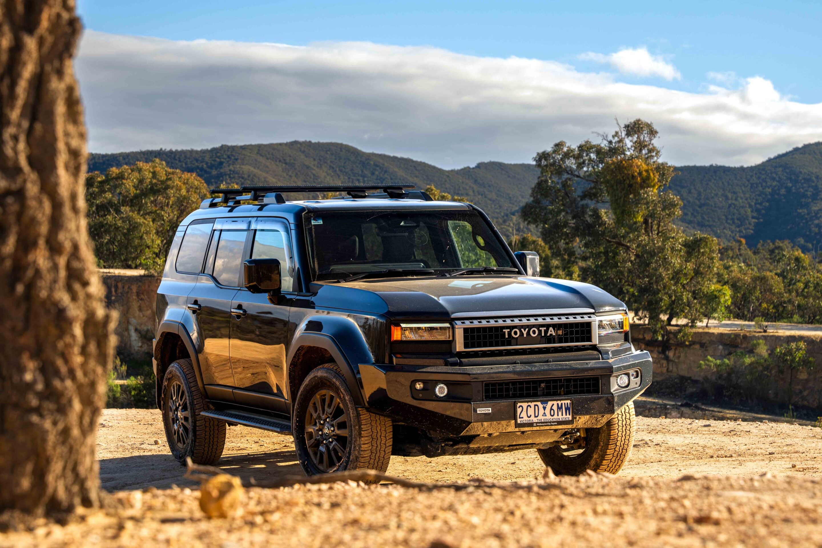 Blue Toyota SUV parked on a dirt road with rugged mountains in the background and a tree trunk in the foreground left.