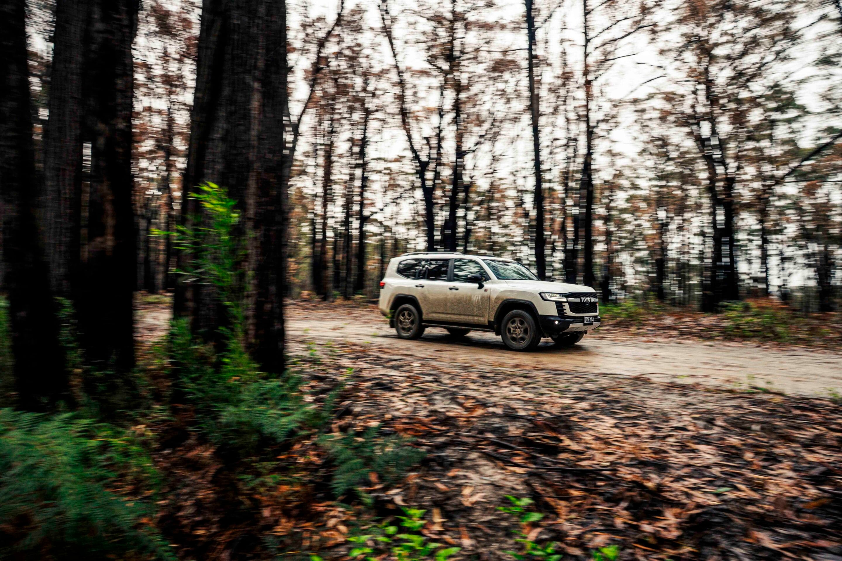 White Toyota SUV driving along a muddy forest trail, autumn leaves on the ground and blurred trees in the background indicating motion.