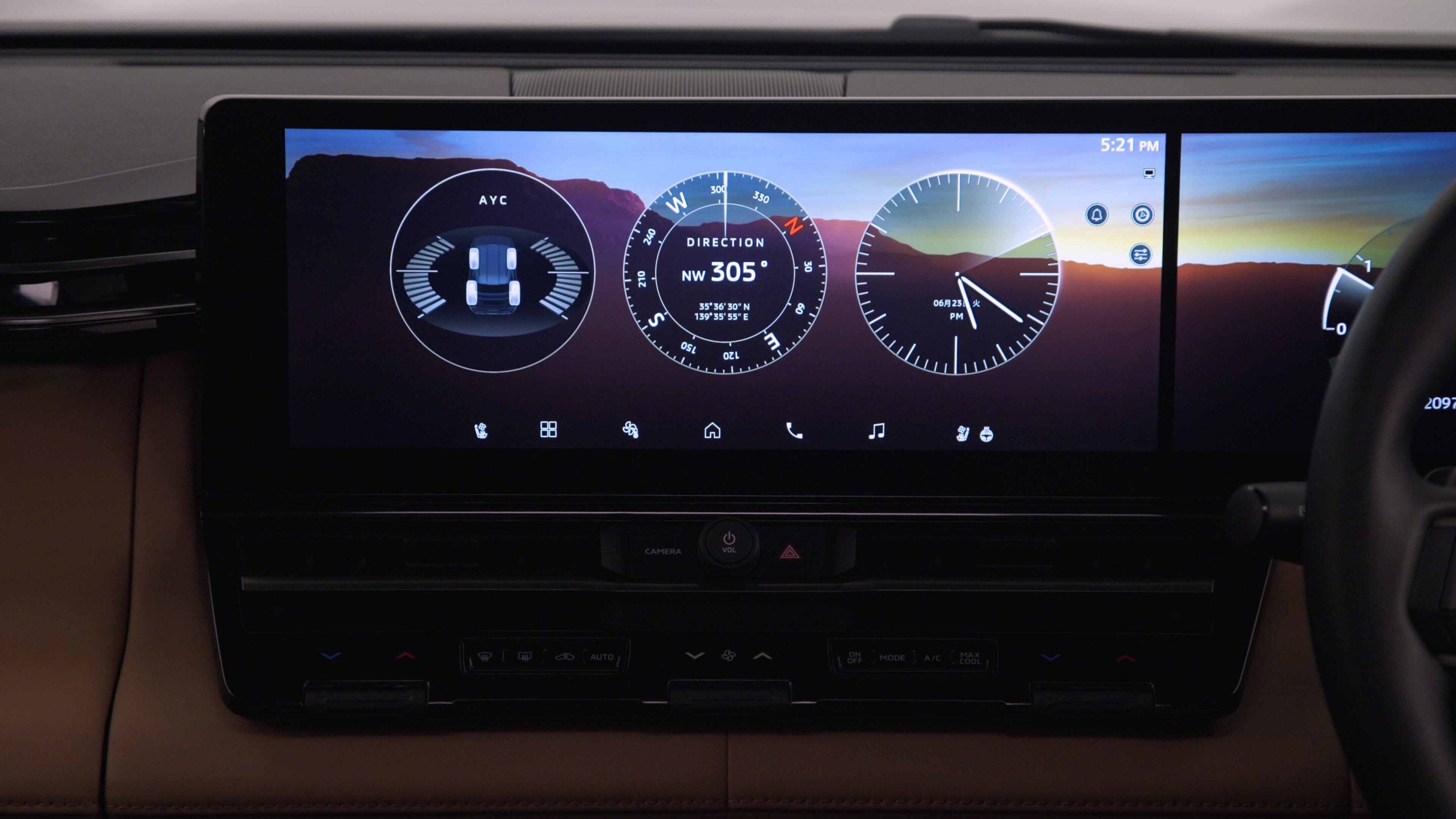 Car dashboard screen showing three digital gauges: left wheel status, center compass NW 305°, right analog clock over a sunset landscape.