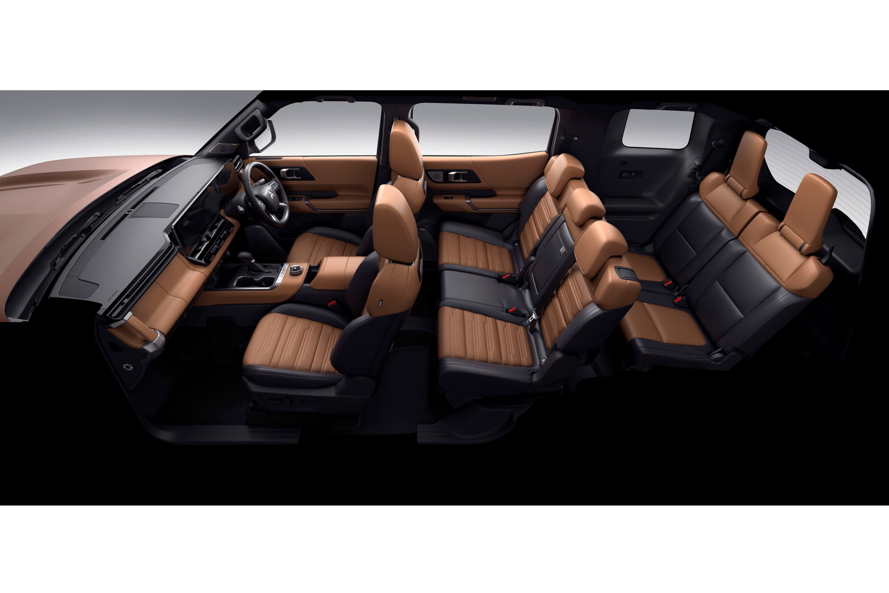 Interior of a luxury SUV with tan leather seats and black accents, front and rear rows visible.”,