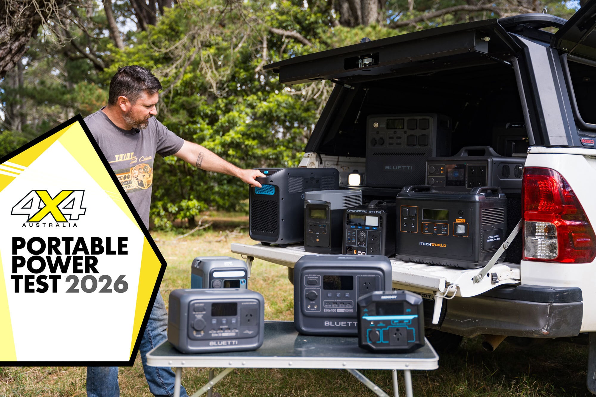 Man arranging portable power stations from the back of a SUV in an outdoor test setup, with a large 'Portable Power Test 2026' banner on the left.