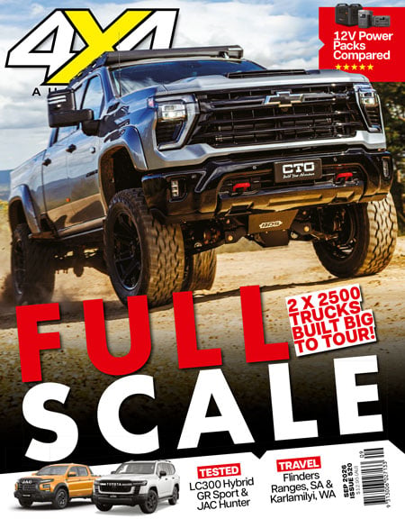 Magazine cover featuring a lifted silver Ford pickup on dirt, bold red 'FULL SCALE' headline, and a red badge stating '2 x 2500 TRUCKS BUILT BIG TO TOUR'