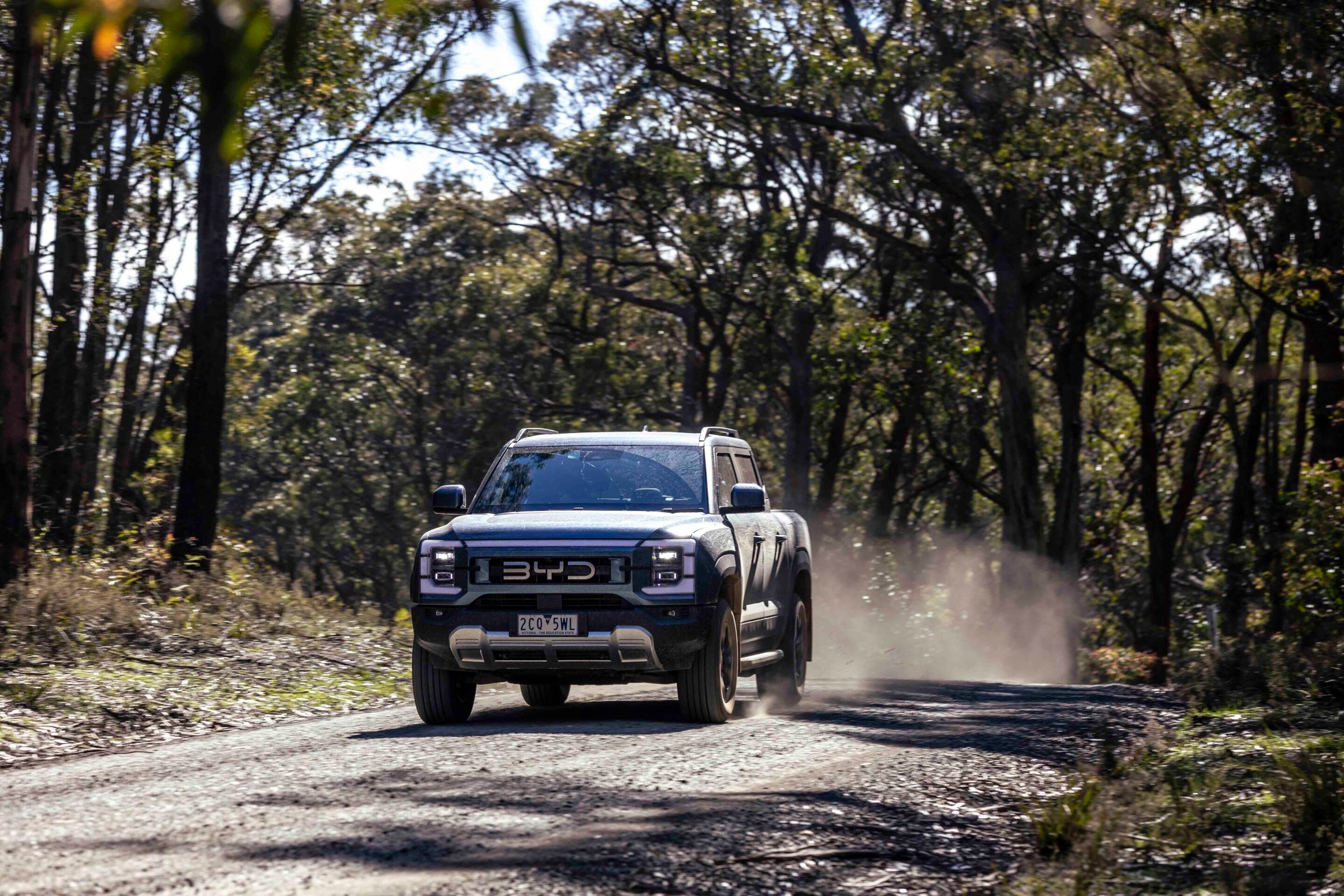 Blue pickup truck driving down a dusty forest road with trees on both sides.