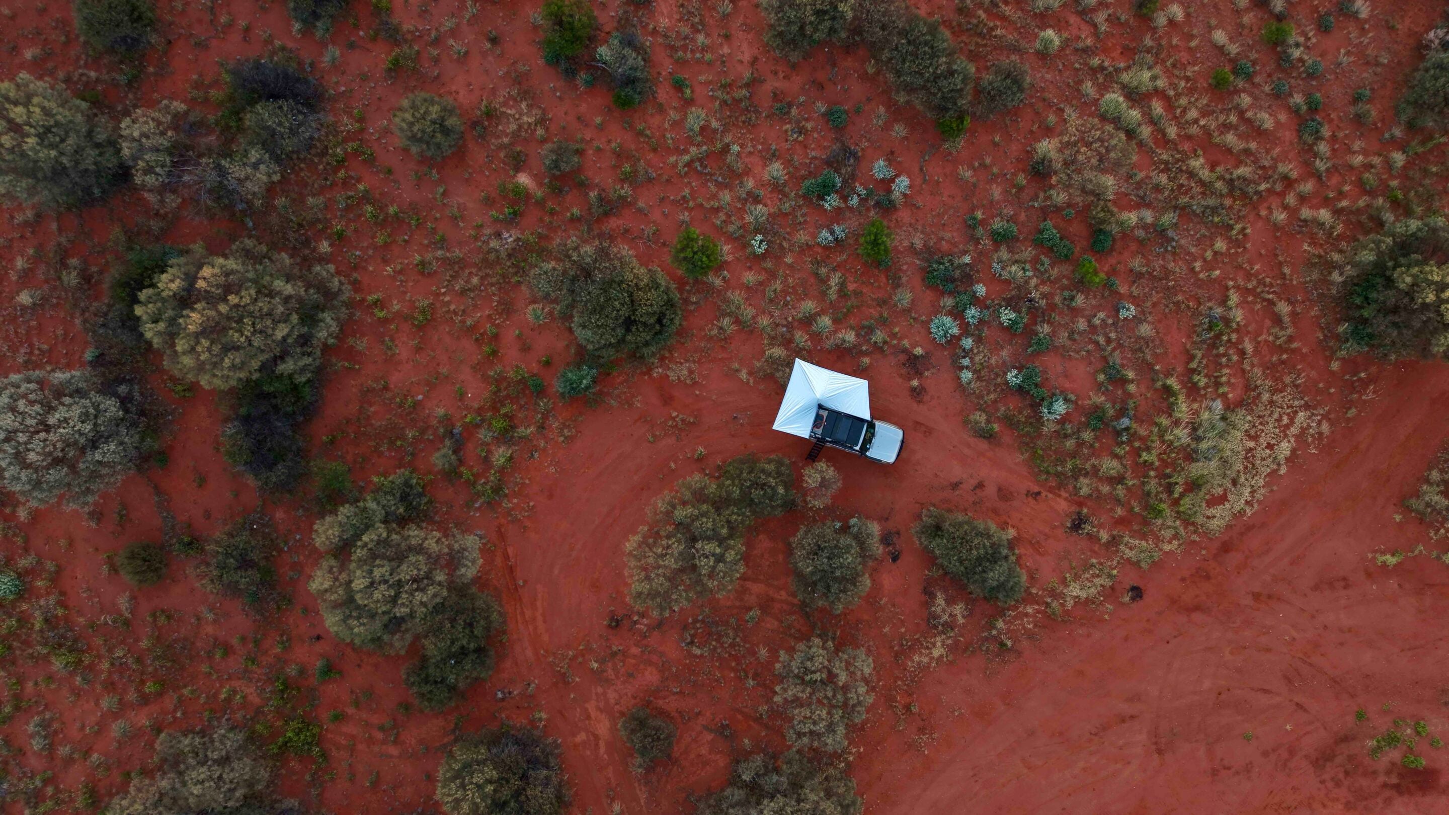Aerial view of red desert with scattered shrubs and a white canopy-covered truck at the center.