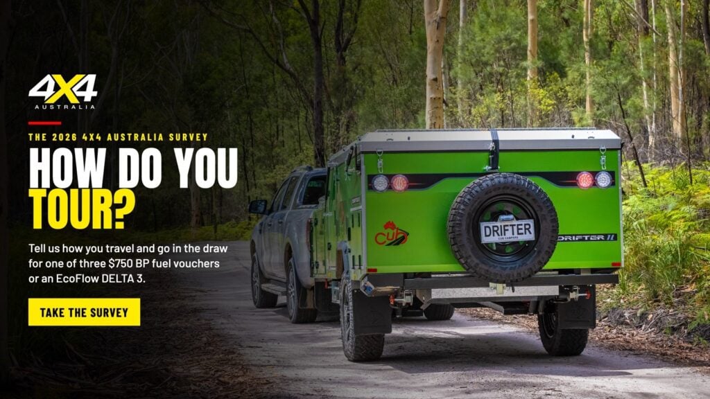 Promotional banner with a lime-green camper trailer attached to a pickup on a forest road; bold white and yellow text asks 'HOW DO YOU TOUR?' and a bright yellow 'TAKE THE SURVEY' button appears on the left.