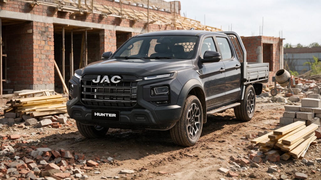 Grey JAC Hunter pickup truck parked at a rough construction site with brick walls, wooden scaffolding, and piles of bricks and wood around it.