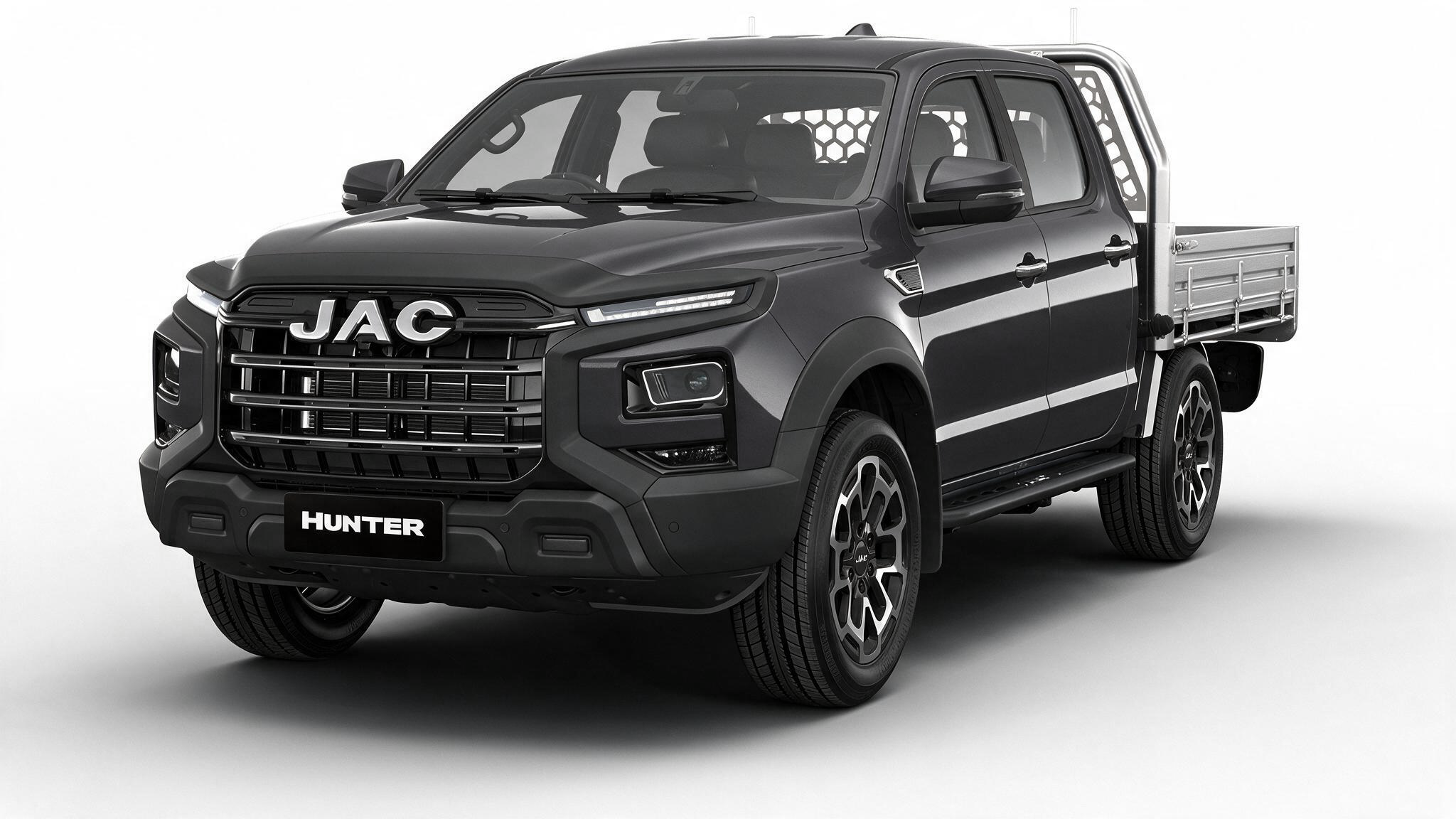 Front-left three-quarter view of a dark gray JAC Hunter pickup truck with a metal cargo bed and bold grille, shown against a white background.