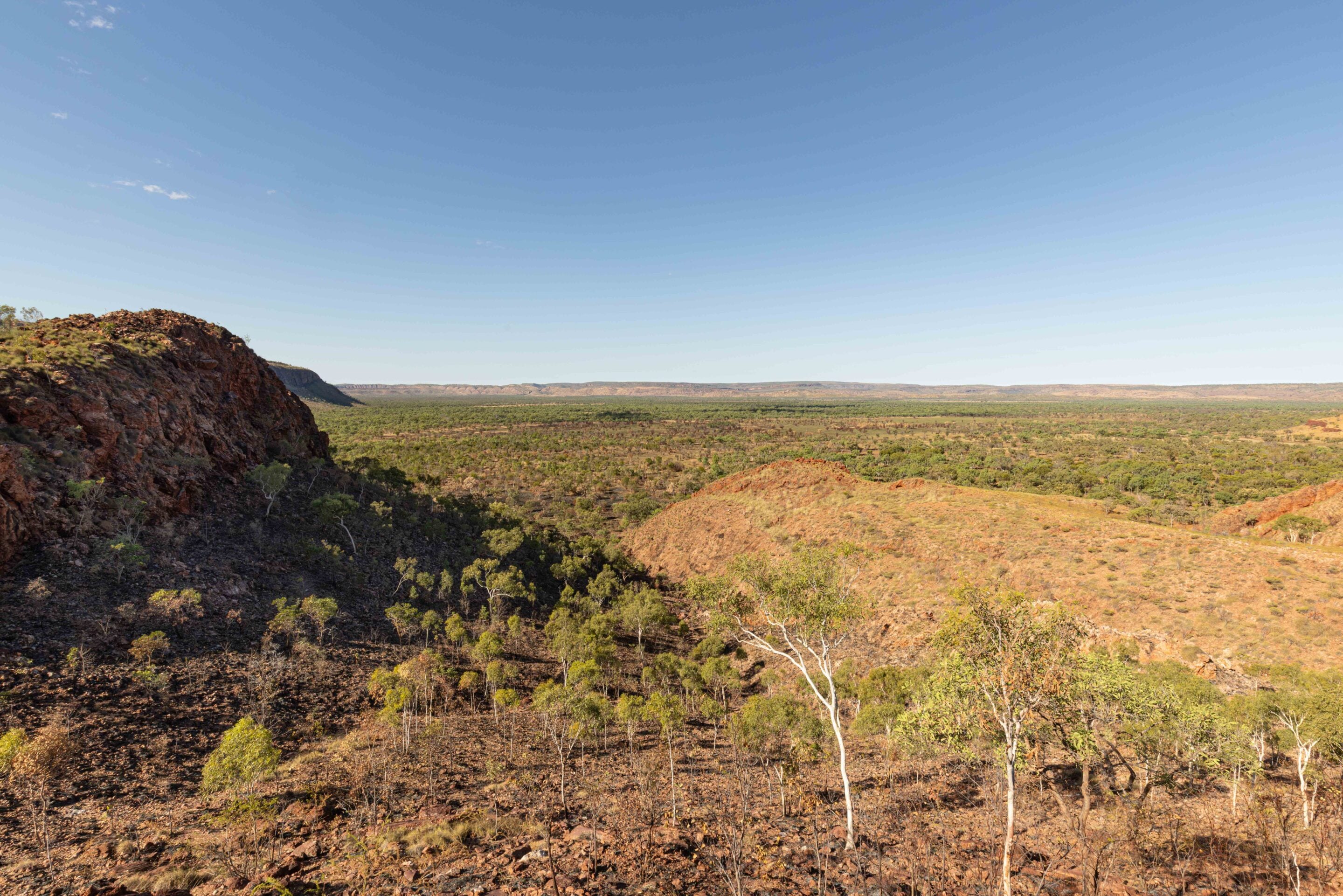 Arid savannah landscape with a rocky outcrop on the left and flat scrubland extending to the horizon under a blue sky.