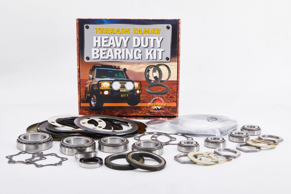 Box for Terrain Tamer Heavy Duty Bearing Kit with assorted bearings and seals laid out on a white surface.