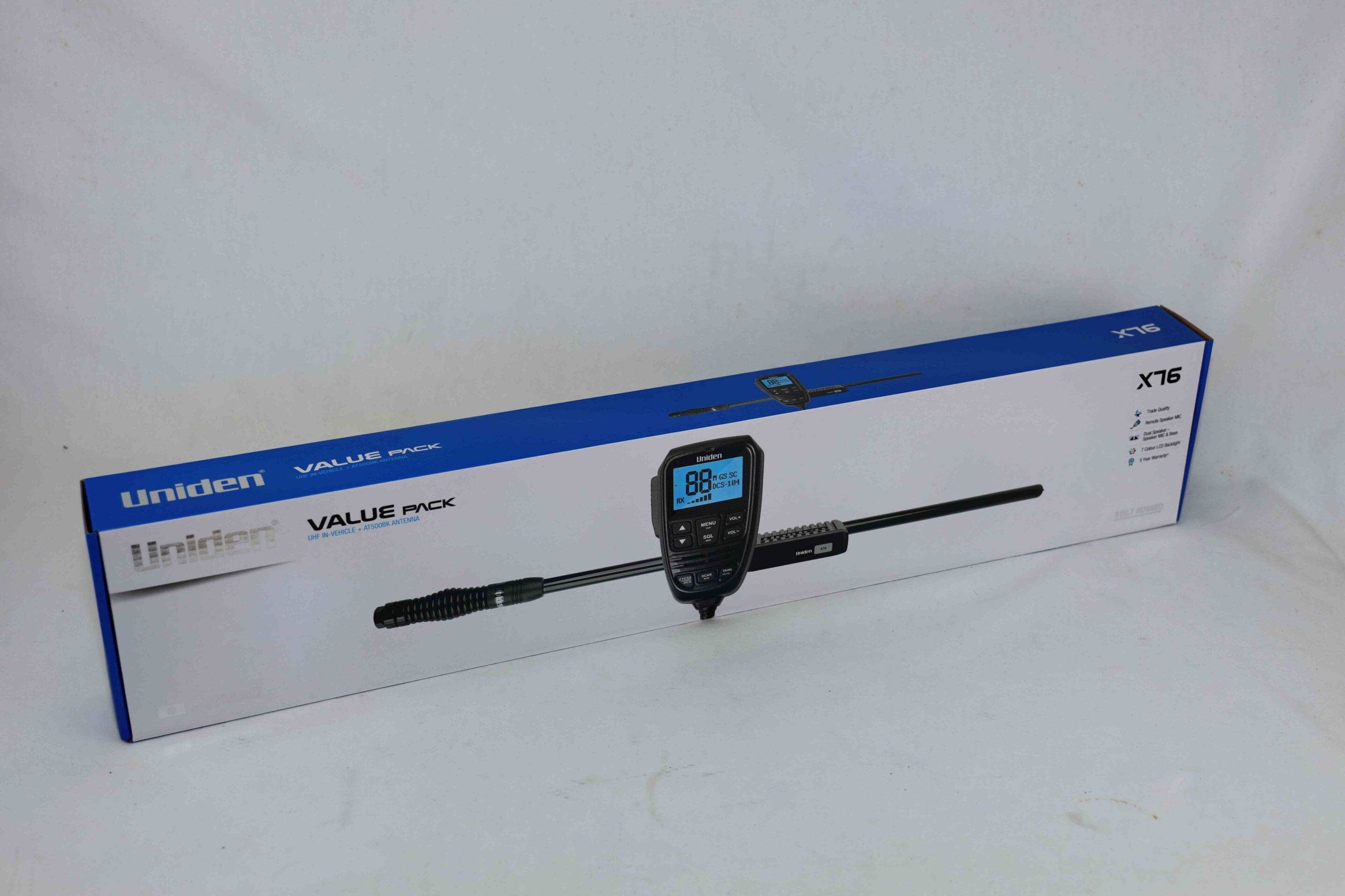 Box for a Uniden X16 value pack showing a handheld radio with antenna on a white surface, blue and white packaging visible.