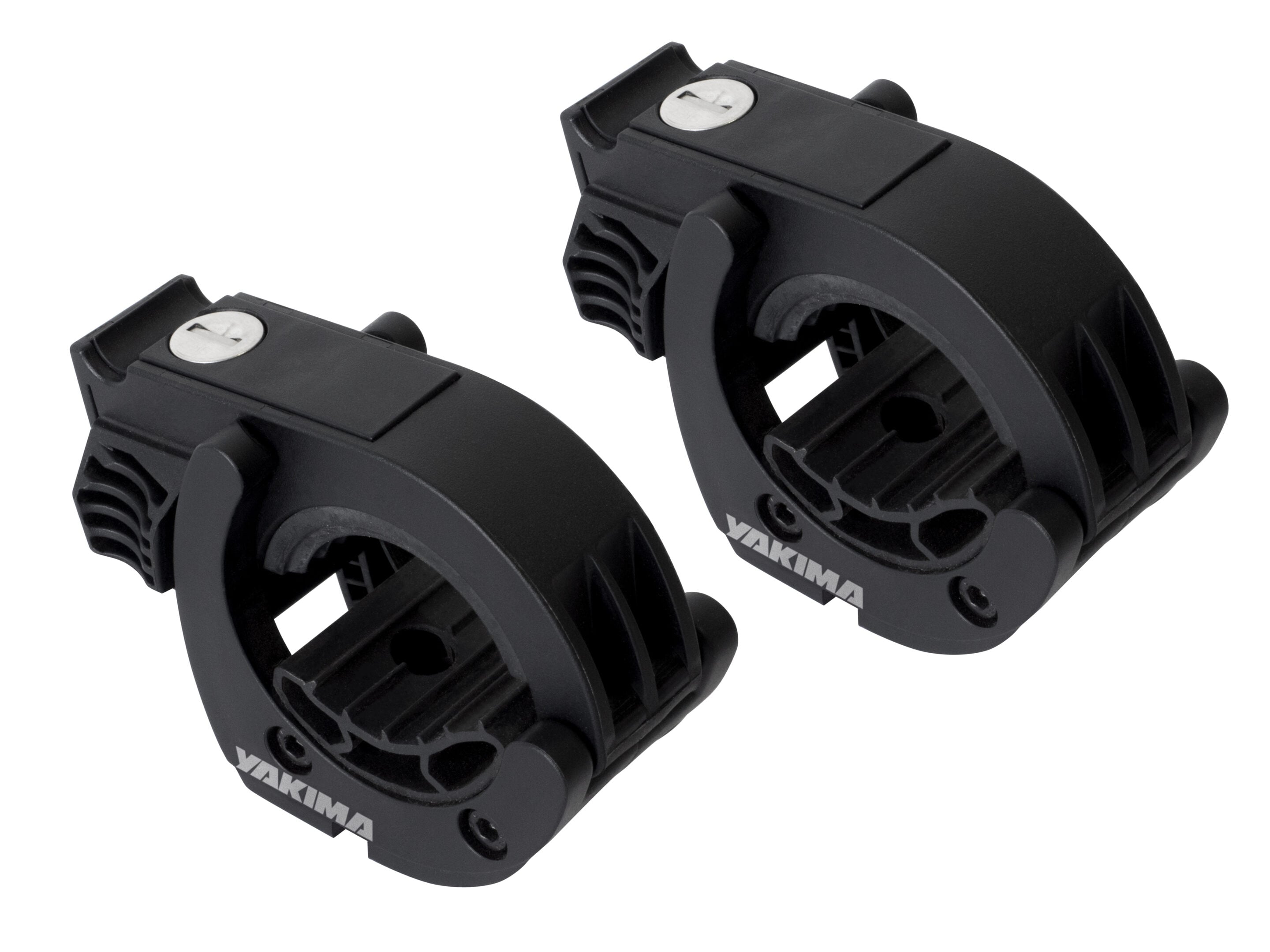 Pair of black Yakima bike rack clamps with silver screw heads, shown from an angled top view