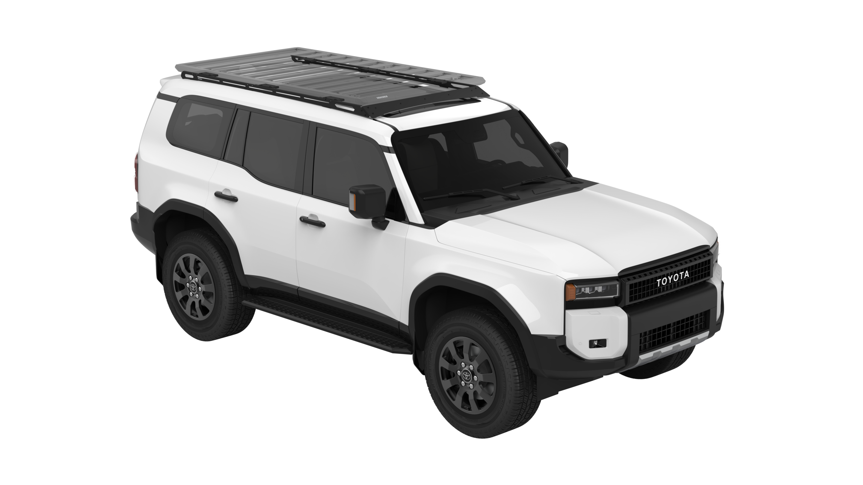 Front-left view of a white Toyota SUV with a roof rack on top and black trim accents.